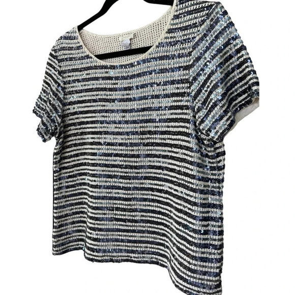 Chico's Women's Starlet Sequin Striped Holiday Top Size 12 Large (Chico's 2) - Picture 3 of 11
